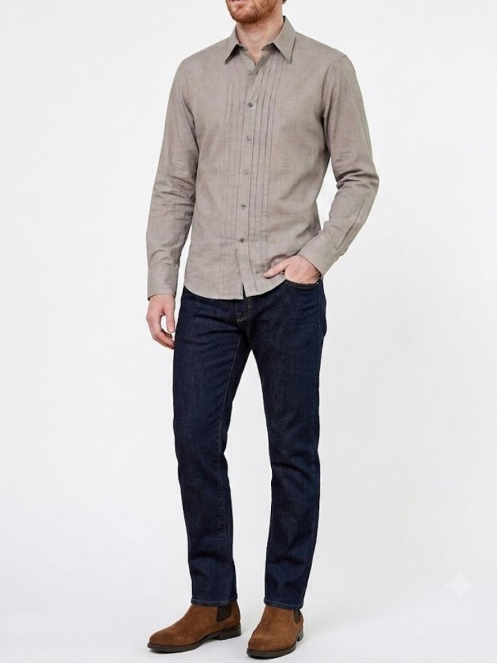 John Varvatos Collection Slim Fit Button Up Shirt Tan Stripe Large Pleated Front